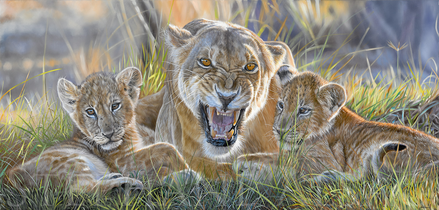 Painting-wildlife-art-lioness-lion-cubs-artist-alsac