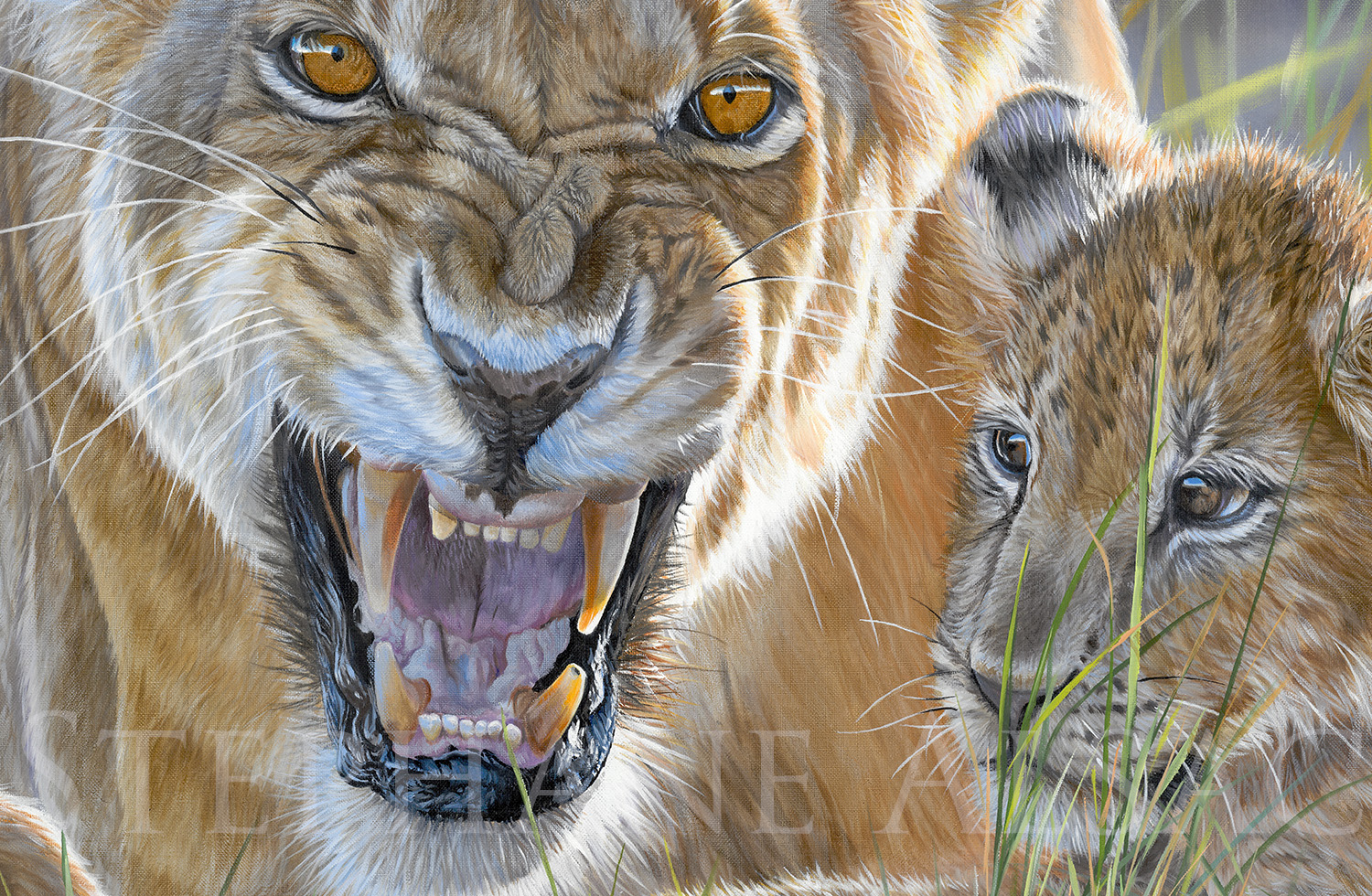 painting-canvas-lioness-lion-cubs-wildlife-painter-alsac