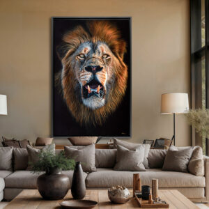 large lion painting in a chic living room