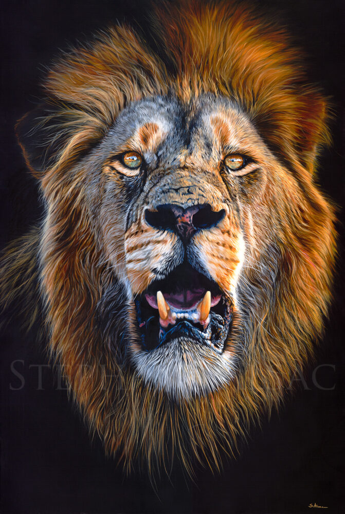 the hyper-realistic painting of a lion with its mouth open