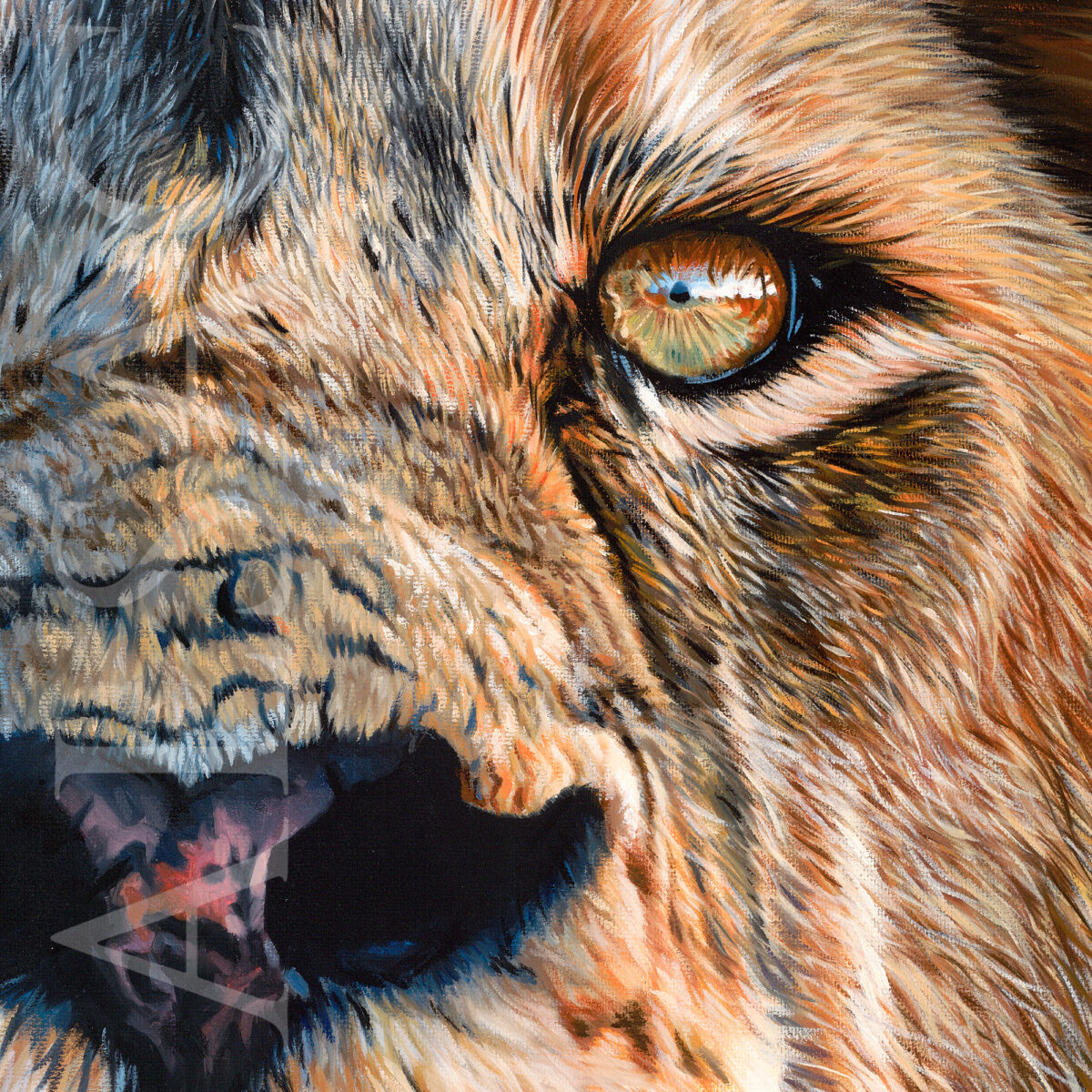 Detail of the painting "maximus": portrait of a magnificent hyper-realistic lion by StephanAlsac