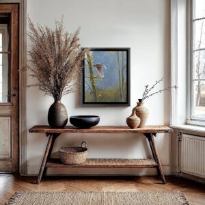 Tableau bécasse Echappée Belle de Stéphane Alsac mis en scène dans un intérieur maison de campagne rustique style wabi-sabi