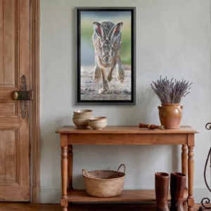 A toute Berzingue !, tableau de lièvre en course dans une maison de campagne, Édition sur Toile par Stéphane Alsac
