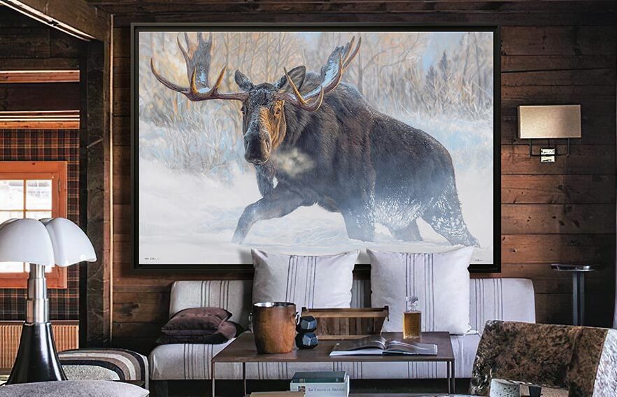 Large moose painting in a Canadian log cabin, private commission by Stéphane Alsac