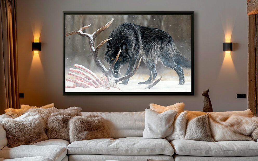 Large wolf painting in a mountain chalet