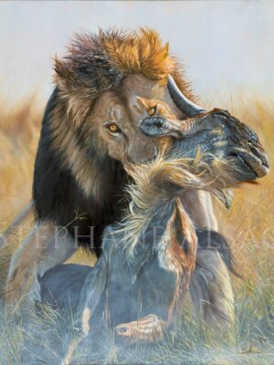 hyper-realistic-large-painting-lion-kill-wildebeest-lifesize
