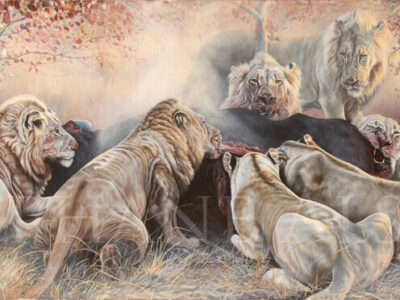 royal-feast-peinture-lions-mangeant-buffle