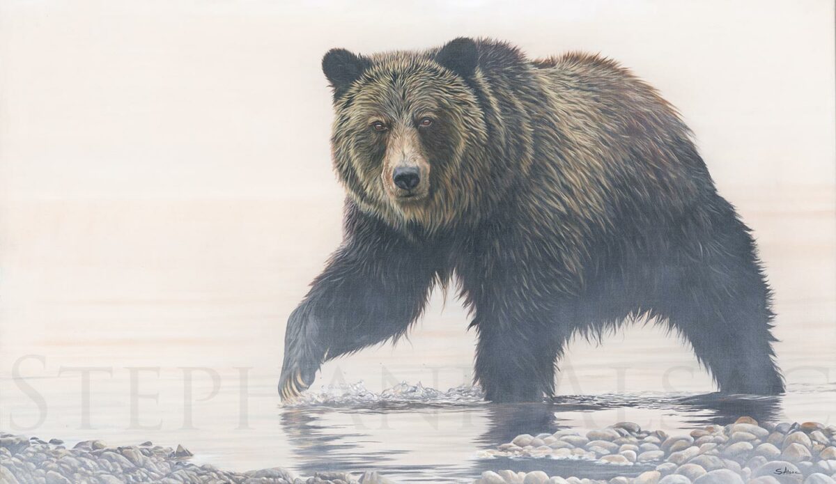 Dans la Brume - Tableau sur toile d'un ours Grizzly en peinture à l'huile